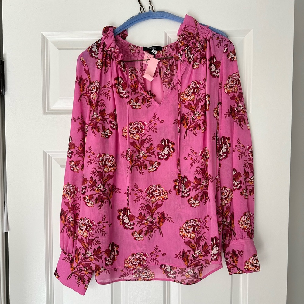 J. Crew pink and red floral tunic-style blouse with camisole.
